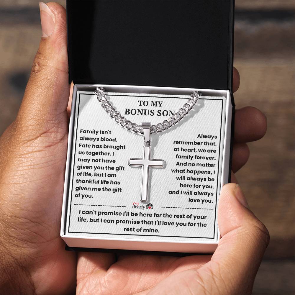 To My Bonus Son - "My Family Forever" Artisan Cross Cuban Link Chain Gift