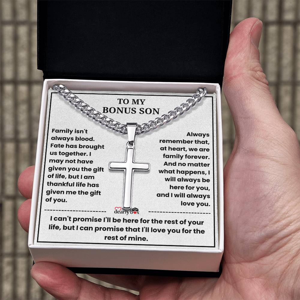 To My Bonus Son - "My Family Forever" Artisan Cross Cuban Link Chain Gift