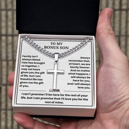 To My Bonus Son - "My Family Forever" Artisan Cross Cuban Link Chain Gift