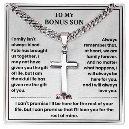 To My Bonus Son - "My Family Forever" Artisan Cross Cuban Link Chain Gift