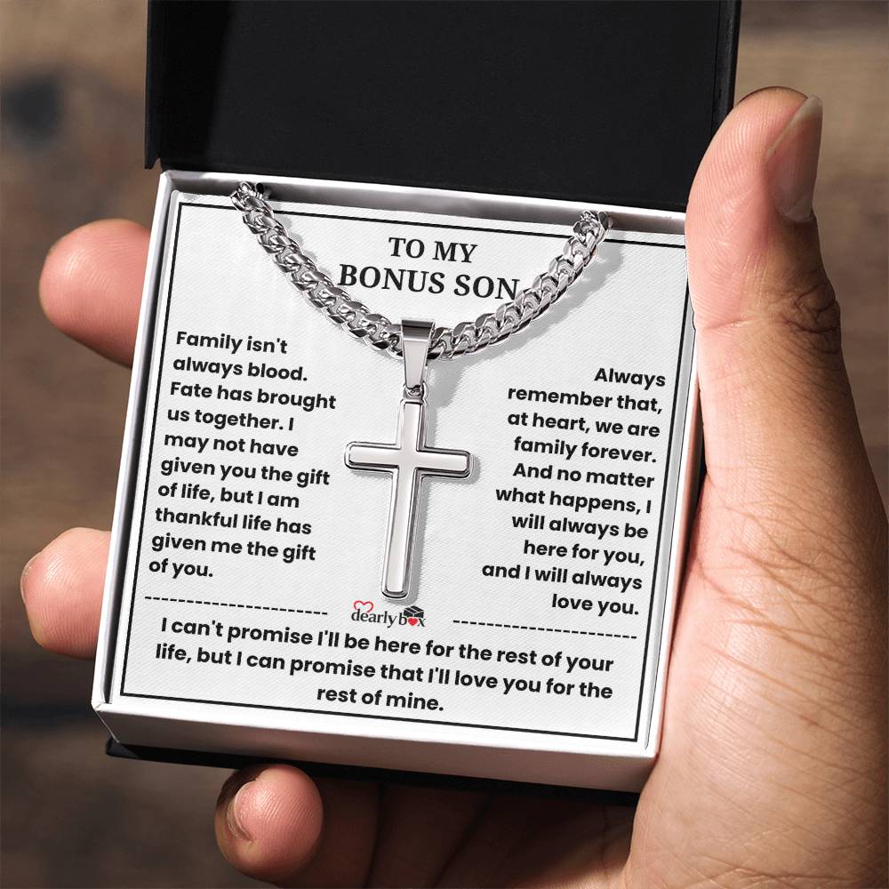 To My Bonus Son - "My Family Forever" Artisan Cross Cuban Link Chain Gift