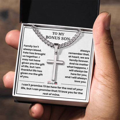 To My Bonus Son - "My Family Forever" Artisan Cross Cuban Link Chain Gift