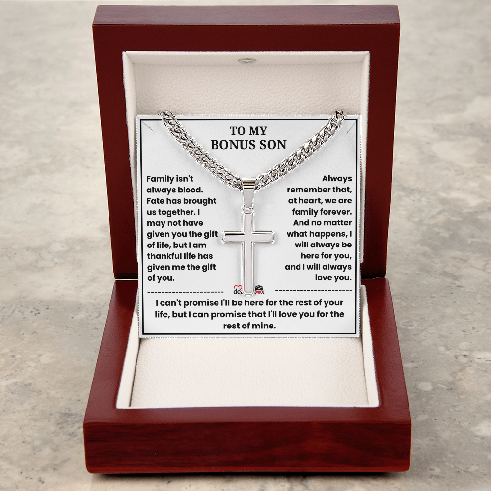 To My Bonus Son - "My Family Forever" Artisan Cross Cuban Link Chain Gift