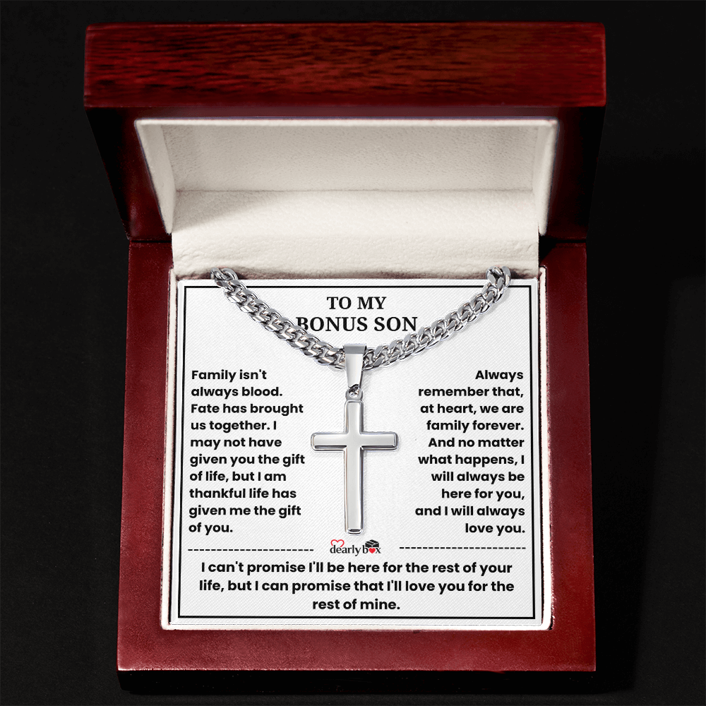 To My Bonus Son - "My Family Forever" Artisan Cross Cuban Link Chain Gift