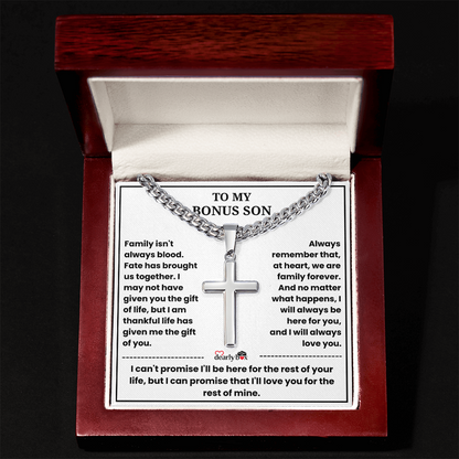 To My Bonus Son - "My Family Forever" Artisan Cross Cuban Link Chain Gift