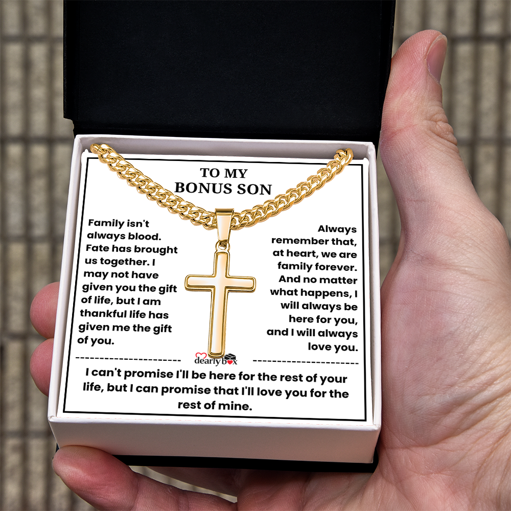 To My Bonus Son - "My Family Forever" Artisan Cross Cuban Link Chain Gift