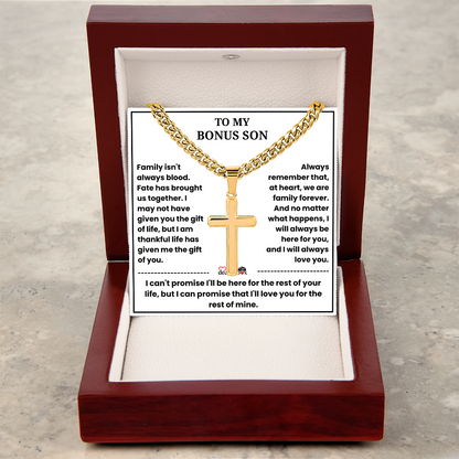 To My Bonus Son - "My Family Forever" Artisan Cross Cuban Link Chain Gift