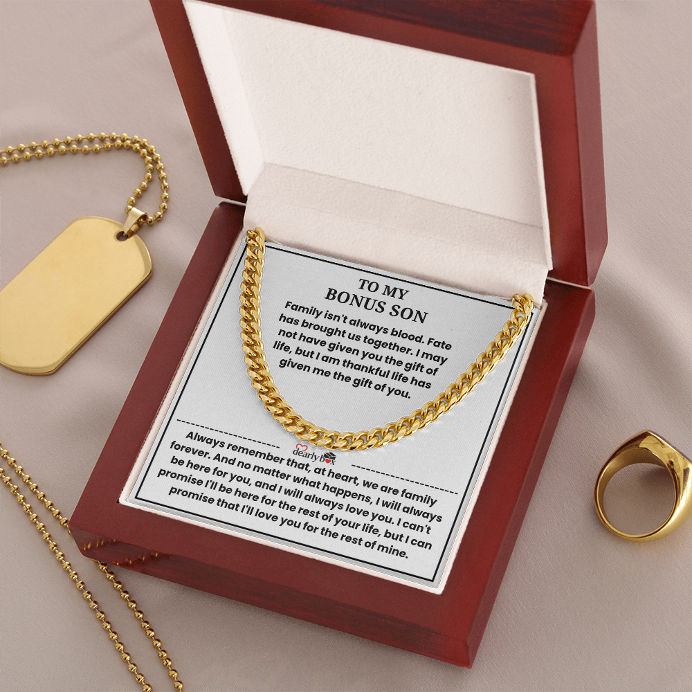 To My Bonus Son - "My Family Forever" Artisan Cross Cuban Link Chain Gift