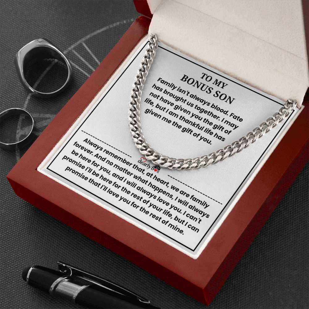 To My Bonus Son - "My Family Forever" Artisan Cross Cuban Link Chain Gift