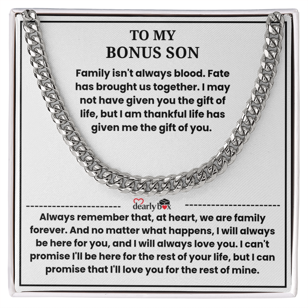 To My Bonus Son - "My Family Forever" Artisan Cross Cuban Link Chain Gift