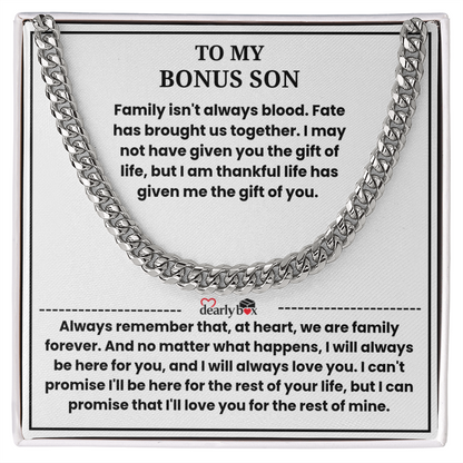To My Bonus Son - "My Family Forever" Artisan Cross Cuban Link Chain Gift